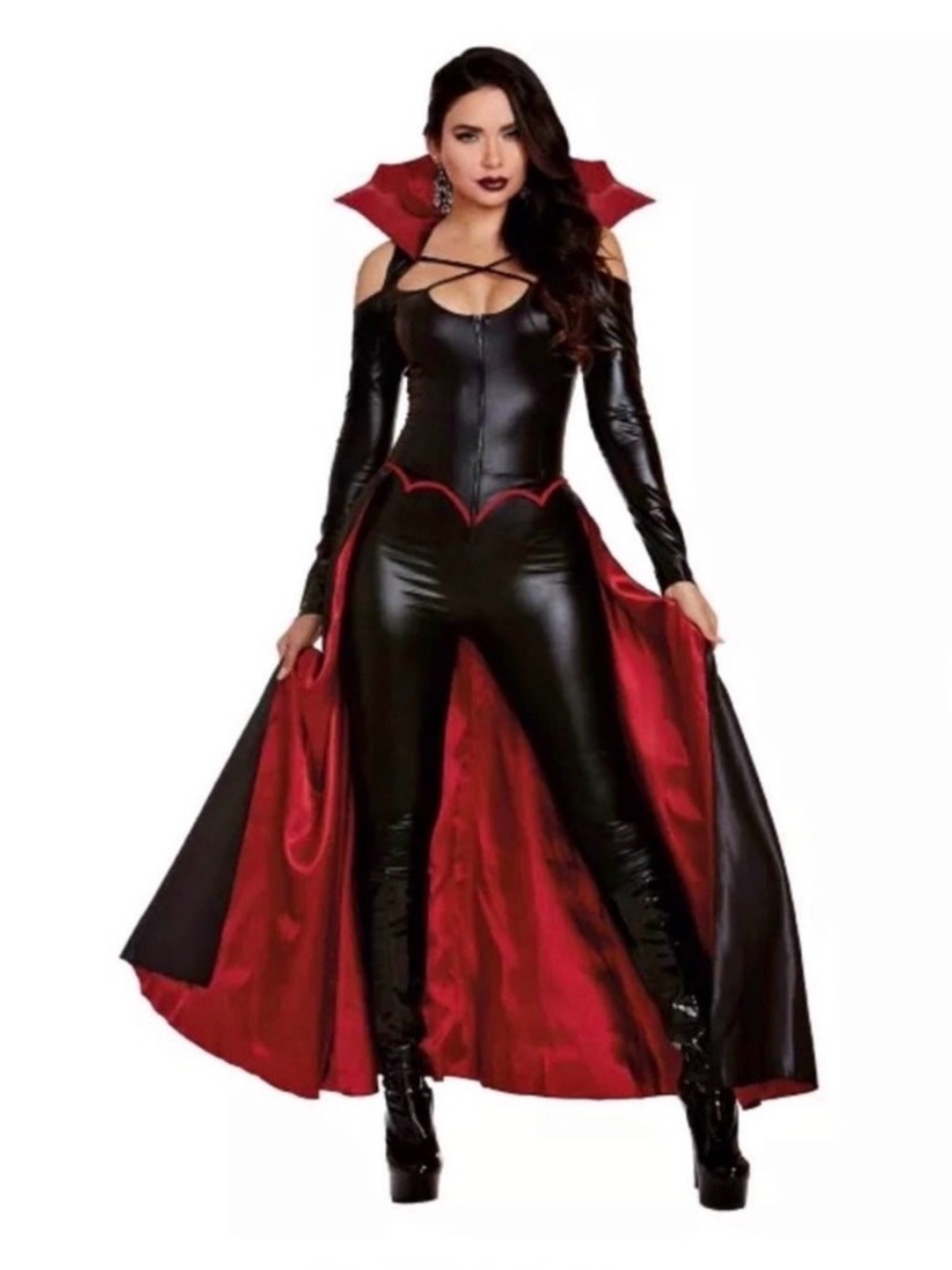 Spirit Black and Red Vampire Catsuit with Dramatic Cape